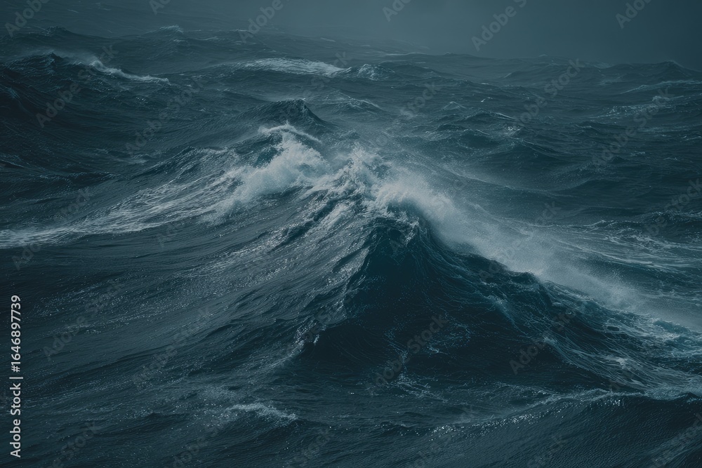 Fototapeta premium Turbulent ocean waves crash in a dark, stormy sea