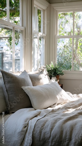 Linen bedding set in a sun-drenched bedroom.