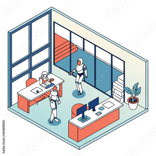 Modern office interior with humans and robots interacting showcasing a futuristic workspace with clean design and collaborative technology integration