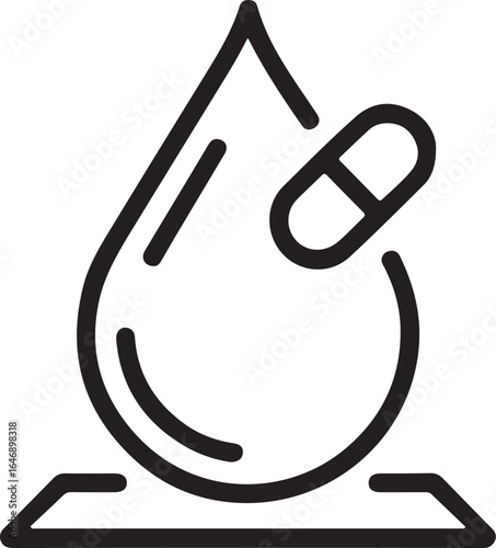 Medical research icon representing a drop of liquid with a pill and microscope