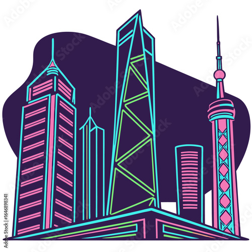 Vibrant neon cityscape illustration featuring iconic skyscrapers and a distinctive tower against a dark purple backdrop evoking a modern urban aesthetic