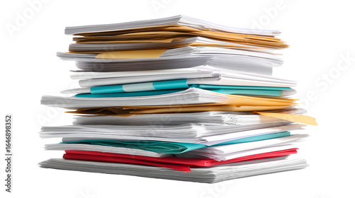 Messy pile stack of unorganized business documents papers with busy workflow office isolated on transparent background