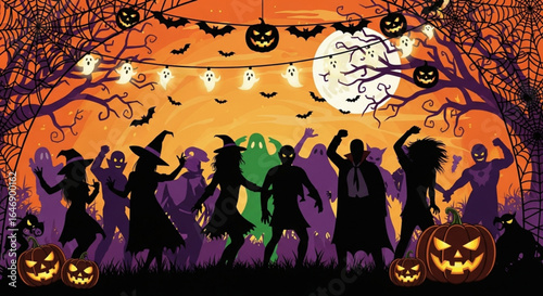 Silhouetted Halloween partygoers dance joyfully under a spooky moonlit sky, surrounded by jack-o'-lanterns and Halloween decorations.