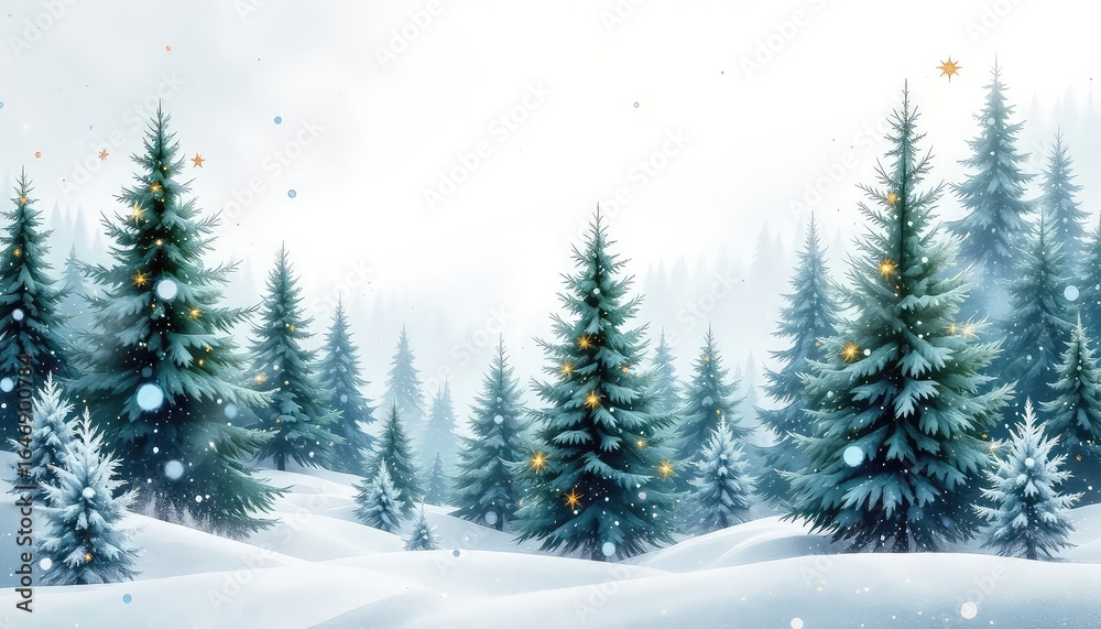 Obraz premium Winter landscape with snow covered ground and evergreen trees decorated with soft glowing lights evokes peaceful holiday mood