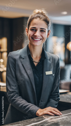 Professional female hotel manager standing confidently behind the reception desk in hotel lobby, warmly greeting guests with a friendly and professional welcome smile.