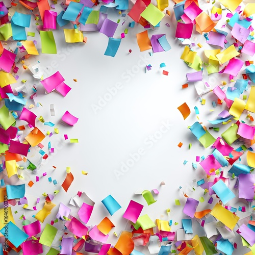 Colorful sticky notes and confetti fill a circular frame against a white background