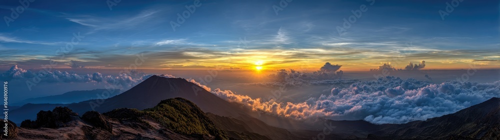 Fototapeta premium Sunrise over volcanic peaks