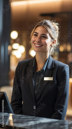 Professional female hotel manager standing confidently behind the reception desk in hotel lobby, warmly greeting guests with a friendly and professional welcome smile.