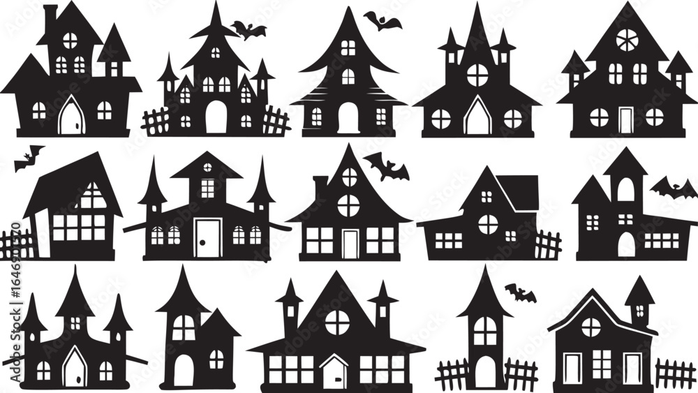 Fototapeta premium Collection of Spooky Haunted Houses Silhouettes for Halloween Decoration and Design