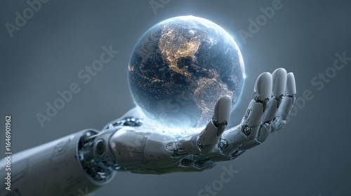Robotic hand holding Earth globe digital illustration