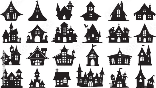 Collection of Spooky Halloween Haunted House Silhouettes for Creepy Holiday Designs