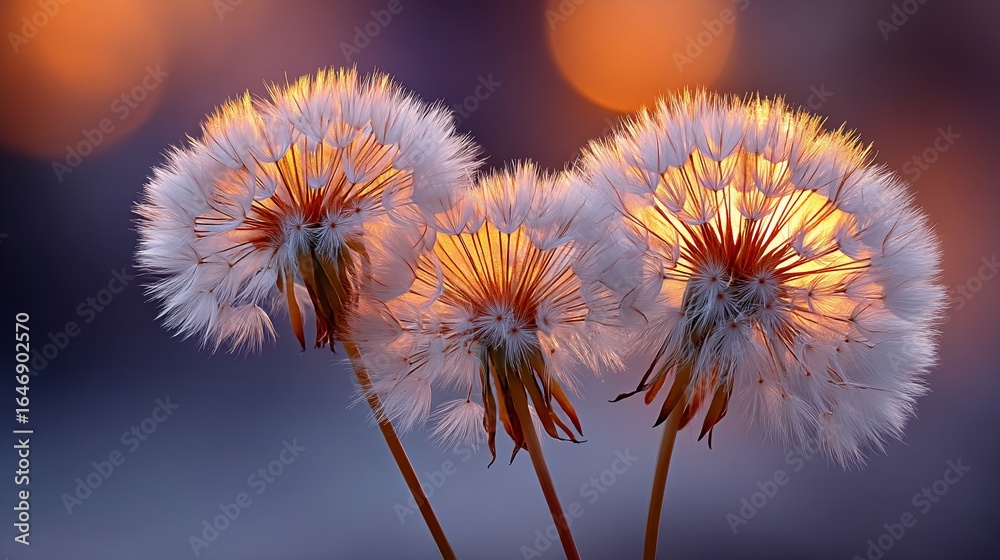 Obraz premium Three Dandelion Seed Heads Glowing in Sunset Light.