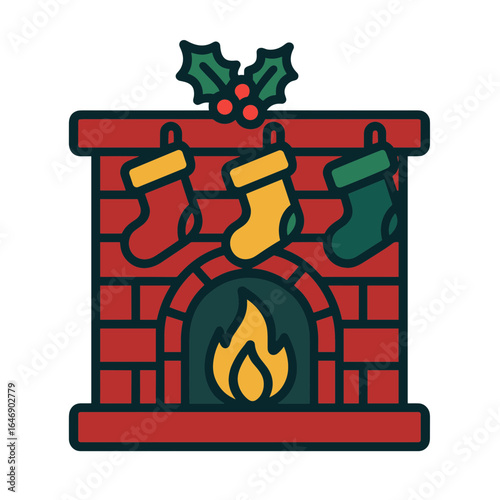 Christmas fireplace with colorful stockings and burning flame  