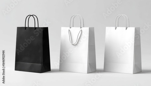 Three paper bags black white and plain against a neutral background