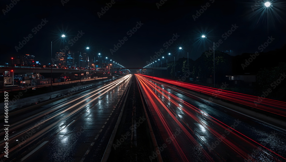 Fototapeta premium Long Exposure Night Traffic on Wet Highway