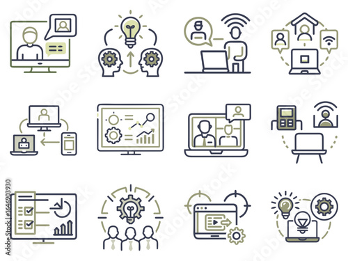 Remote work, freelance, online business and webinar icon set of 12 for blogs, websites, clipart for cards, training, productivity tips, presentations and apps