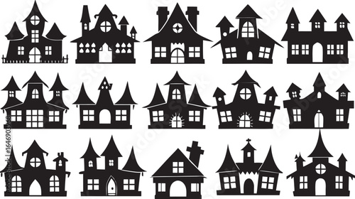 Collection of Spooky Haunted Houses Silhouettes for Halloween Decorations and Designs