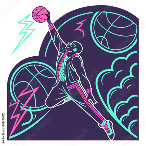 Dynamic basketball player in mid air performing a slam dunk captured in a vibrant neon inspired graphic art style with lightning and globe motifs
