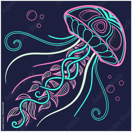 A stylized colorful illustration of a jellyfish with flowing tentacles and decorative elements against a dark blue background evoking a sense of underwater fantasy