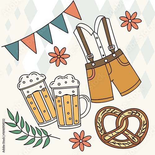 A festive collection of oktoberfest symbols including beer mugs lederhosen a pretzel and decorative bunting perfect for celebrating bavarian culture and traditions