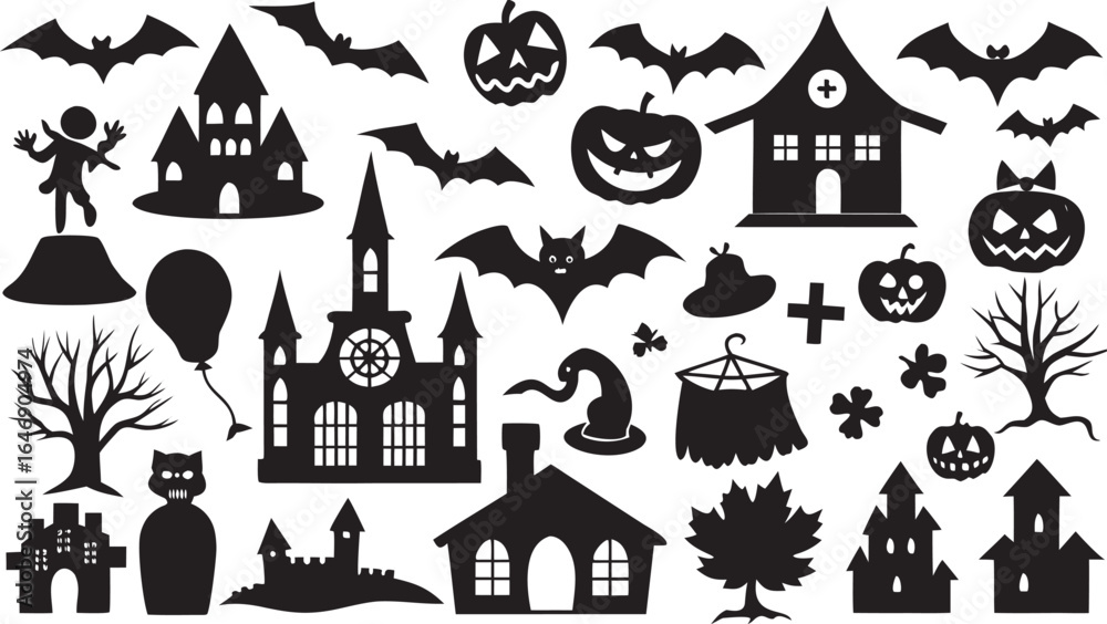 Obraz premium Halloween Silhouette Collection Spooky Castles Bats Pumpkins and More for Festive Designs