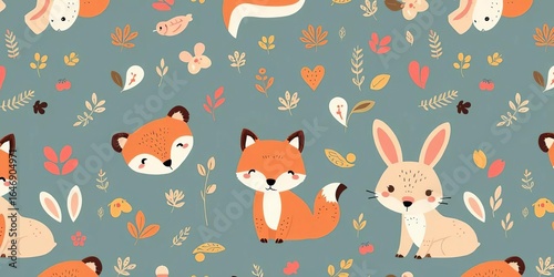 Adorable bear, fox, and bunny seamless pattern  Perfect for kids' bedding, fabric, and more,  baby pattern,  fun