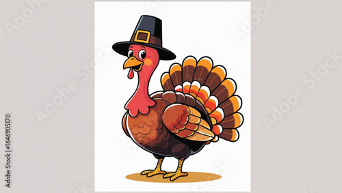 Cartoon turkey wearing a pilgrim hat with colorful tail feathers thanksgiving