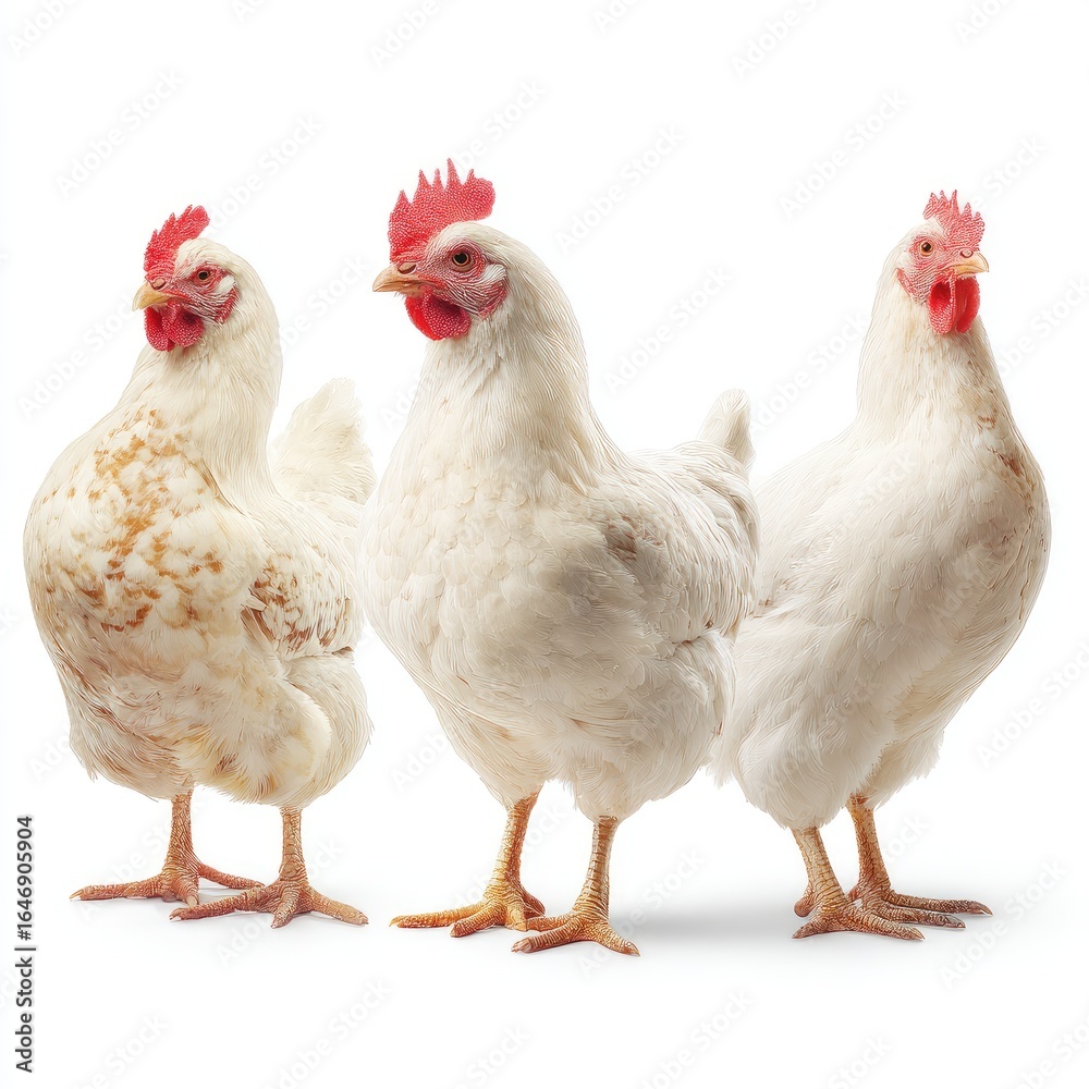 Fototapeta premium Three white chickens stand side-by-side against a white background