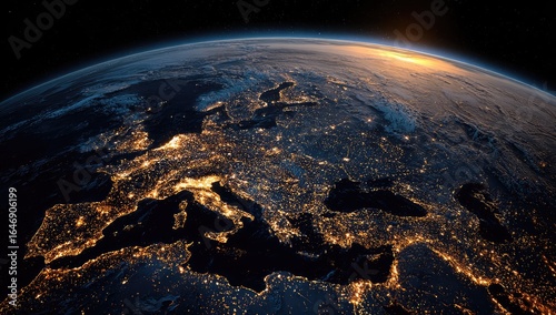 Earth at night shows city lights across Europe and Mediterranean