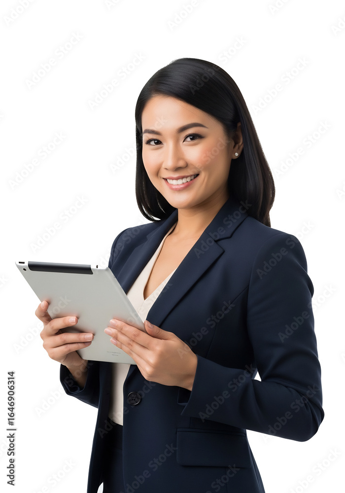 Professional photography in isolated transparent background of confident businesswoman in navy suit holding tablet, representing corporate success, technology, leadership, and modern communication Professional photography in isolated transparent background of confident businesswoman in navy suit holding tablet, representing corporate success, technology, leadership, and modern communication