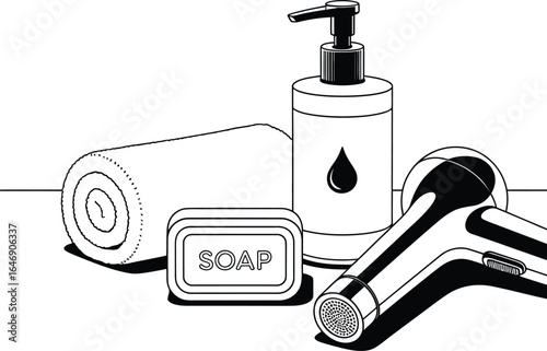 Vector Bathroom Hygiene Set: Soap, Towel, Pump Bottle and Shower Head.
