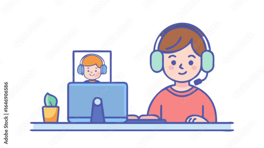 Illustration of a boy wearing headphones sitting at a computer with video call on screen Illustration of a boy wearing headphones sitting at a computer with video call on screen
