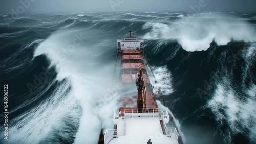 Cargo ship battling stormy ocean waves