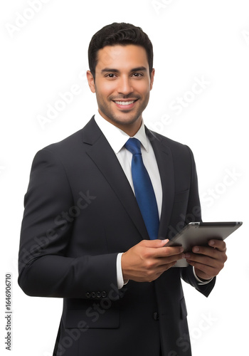 Professional photography in isolated transparent background of smiling businessman holding tablet, symbolizing technology, corporate communication, and digital success