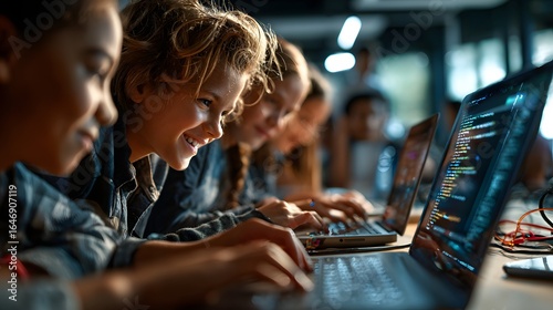 Excited Middle School Students Coding Together on Laptops in Bright Tech Classroom perfect for STEM education ads, computer science programs, afterschool tech club and youth coding initiative campaign