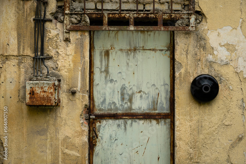 Old rusty metal door with peeling paint and corroded frame on a weathered industrial wall with electrical box