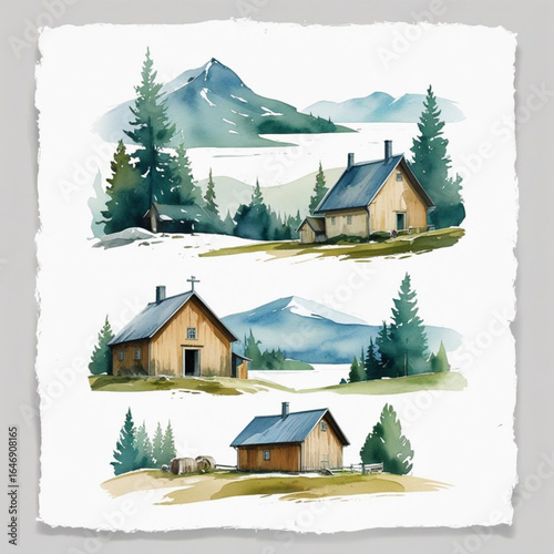 Watercolor Village in Nature: A collection of serene, watercolor paintings depicts cozy village cottages nestled amongst mountains, trees, and serene landscapes. Each artful scene captures the calm.
