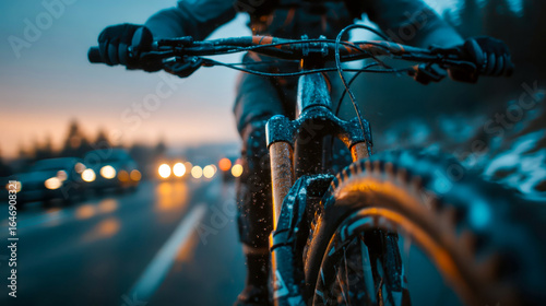 Cyclist on highway, focus on front wheel, motion and splashes