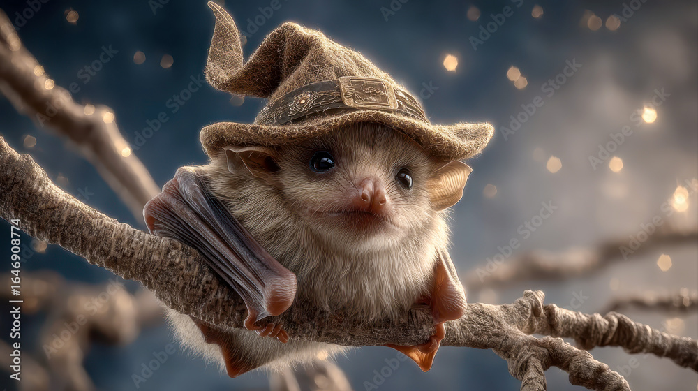 Obraz premium Adorable bat in witch hat close up