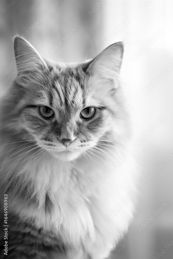Obraz premium A black and white photo of a fluffy cat.