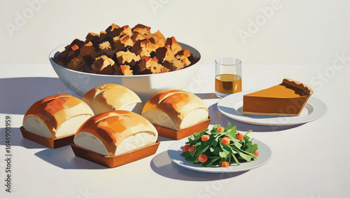 Thanksgiving dinner spread with stuffing rolls salad and pumpkin pie meal food