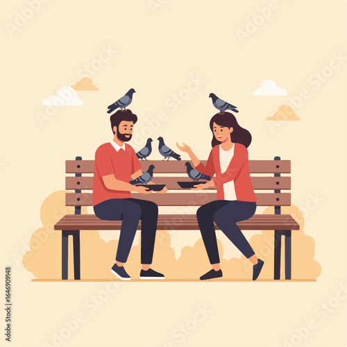 A man and woman sit on a park bench, sharing food with pigeons that perch on them and around them.
