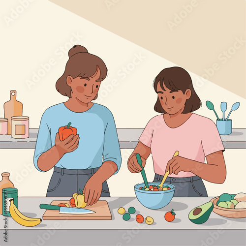 Two young women preparing a healthy meal together in a bright kitchen, chopping fresh vegetables and mixing a vibrant salad.