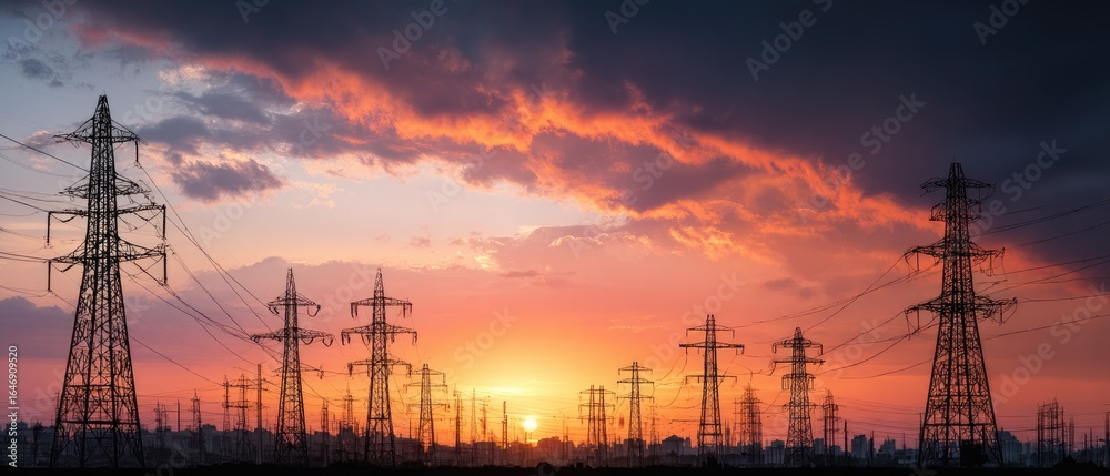 Fototapeta premium Power lines stretching across a vibrant sunset