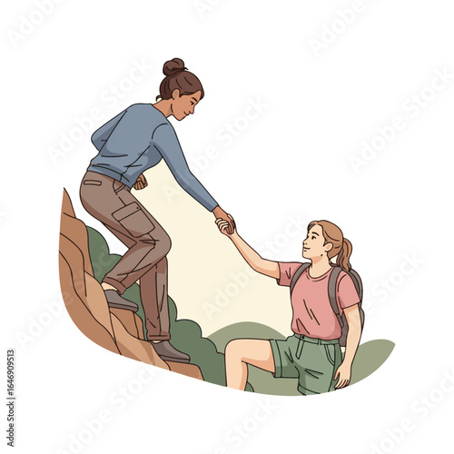 A woman helps another woman climb up a rocky hill, extending her hand in assistance. The scene depicts hiking and support.