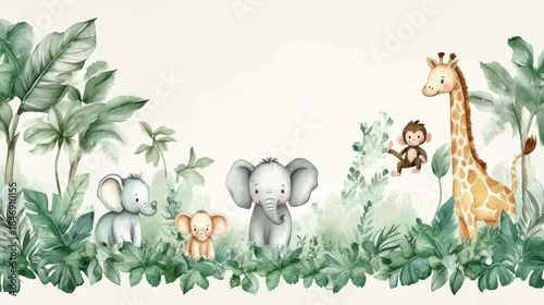 Fototapeta Naklejka Na Ścianę i Meble -  Cute jungle animals in a watercolor style