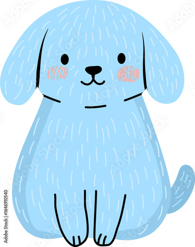Cute sitting blue shaggy dog with pink cheeks. Funny doodle animal character illustration of a children's style. Adorable pet for children's design.