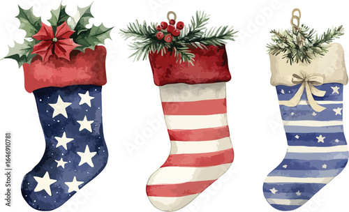 Watercolor Christmas Stockings with Patriotic Designs for Holiday Decorating