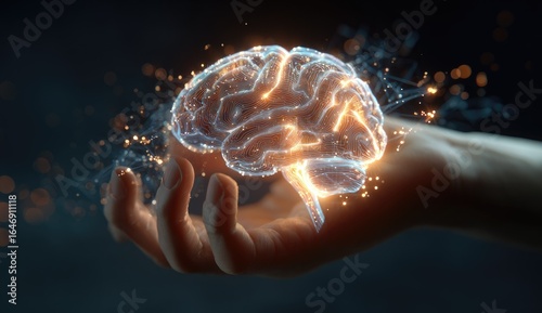 Wallpaper Mural Glowing brain illustration held in hand represents intelligence and innovation Torontodigital.ca