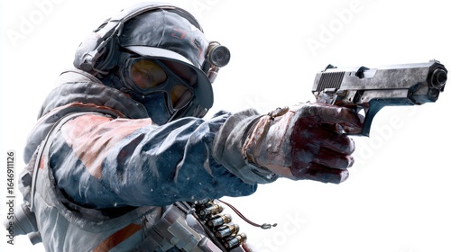 Snow Covered Soldier Aiming Handgun in Winter
